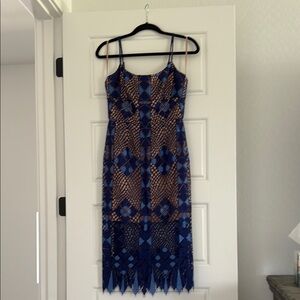BCBGMaxAzria Blue and Tan Geometric Midi Dress